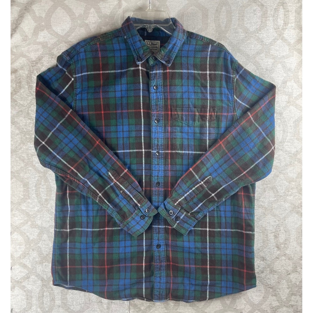 LL Bean Scotch Plaid Flannel Shirt Mens Large Blue Green Tartan Slightly Fitted